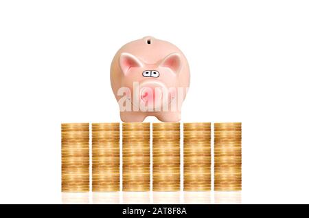 Piggybank debout sur des pièces en euros Banque D'Images