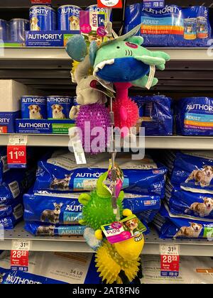 Orlando, FL/USA-1/29/20: Un affichage de diverses marques de jouets pour chiens colorés à vendre dans un Superstore Petmart prêt pour les propriétaires d'animaux de compagnie à acheter pour leur Banque D'Images