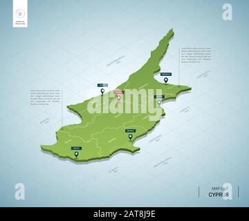 Carte stylisée de Chypre. Carte verte isométrique tridimensionnelle avec villes, frontières, capitale Nicosie, régions. Illustration vectorielle. Couches modifiables clairement étiquetées. E Illustration de Vecteur
