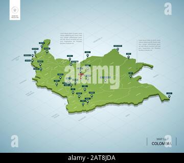 Carte stylisée de Colombie. Carte verte isométrique tridimensionnelle avec villes, frontières, capitale Bogota, régions. Illustration vectorielle. Couches modifiables clairement étiquetées. Illustration de Vecteur