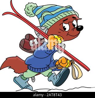 Le renard à dessin animé est une illustration vectorielle de ski Illustration de Vecteur