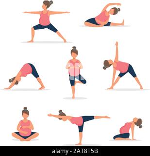 Femme enceinte pratiquant le yoga, ensemble de poses différentes. Grossesse saine. Illustration vectorielle en style plat Illustration de Vecteur