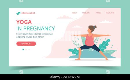 Femme enceinte faisant du yoga prénatal. Modèle de conception de page d'accueil. Illustration vectorielle mignonne et style plat Illustration de Vecteur