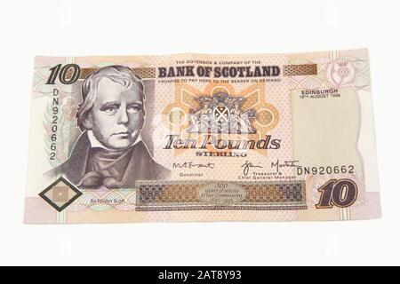 Old 1995 Bank Of Scotland Tercentenary Ten Pound Note Représentant Sir Walter Scott Banque D'Images