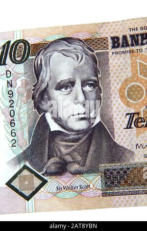 Old 1995 Bank Of Scotland Tercentenary Ten Pound Note Représentant Sir Walter Scott Banque D'Images