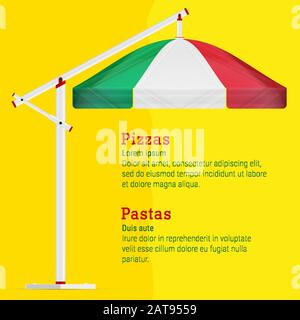 Menu pizzeria arrière-plan. Auvent de parapluie dans les couleurs du drapeau italien sur fond jaune vif. Illustration vectorielle. Illustration de Vecteur