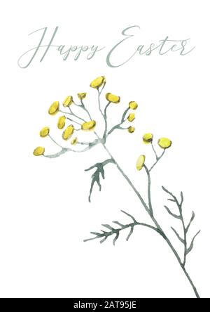 Joyeux motif carte de Pâques avec texte lettrage et plante jaune. Bon signe de Pâques pour la carte postale de Pâques, invitation, affiche, bannière. Aquarelle saisonnière Banque D'Images