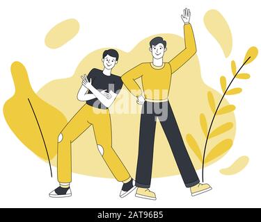 Deux amis souriants heureux dans une illustration de dessin animé positif accueillant.jeunes, émotions positives, personnages sympathiques de lineart.International Friendship Day carte postale élément de conception. Illustration de Vecteur