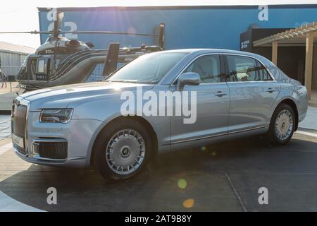 30 Août 2019. Zhukovsky, Russie. Voiture de direction russe Aurus Senat au salon international de l'aviation et de l'espace MAKS 2019. Banque D'Images