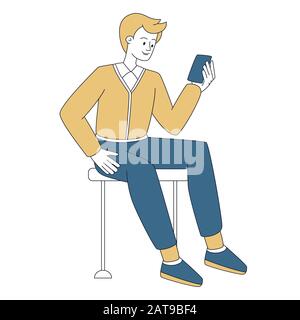 Homme souriant tenant l'illustration linéaire du smartphone. Un gars décontracté assis avec un téléphone portable pour discuter, regardant sur l'écran isolé personnage de dessin animé. Élégant homme adulte utilisant le téléphone, communiquer Illustration de Vecteur