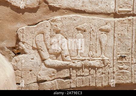 Luxor, Karnak, Egypte, Afrique. Temple de Karnak. Détail d'une section d'un mur montrant des sculptures de relief, des hiéroglyphes et des cartouche. Banque D'Images