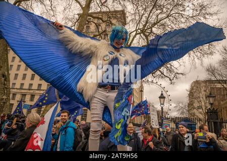 Londres, Royaume-Uni. 31 janvier 2020. Une journée historique dans la politique britannique les partisans du Brexit célèbrent sur la place du Parlement tout en Restant des électeurs se rassemblent près de Downing Street. Les deux factions se confrontent alors les unes aux autres tout en se faisant passer devant la Chambre des communes. Crédit: Haydn Denman/Alay Live News. Banque D'Images