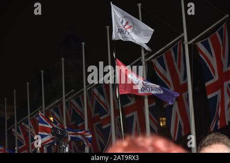 Vendredi soir, des centaines de personnes ont fait la fête du Brexit sur la place du Parlement de Westminster. Alors que la Grande-Bretagne quitte l'UE pour la nuit historique. Banque D'Images