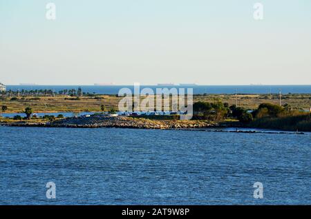 Vue sur Galveston, Texas depuis un terminal de bateaux de croisière, au petit matin. États-Unis Banque D'Images