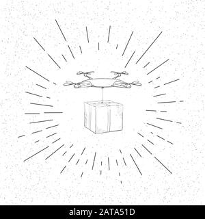 Symbole dessiné à la main de la Drone Quadrocopter livraison avec emballage - icône de la trappe vectorielle Doodle Illustration de Vecteur