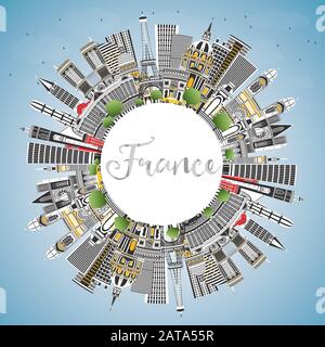 Bienvenue En France Skyline Avec Gray Buildings, Blue Sky Et Copy Space. Illustration Vectorielle. Concept De Tourisme Avec Architecture Historique. Illustration de Vecteur