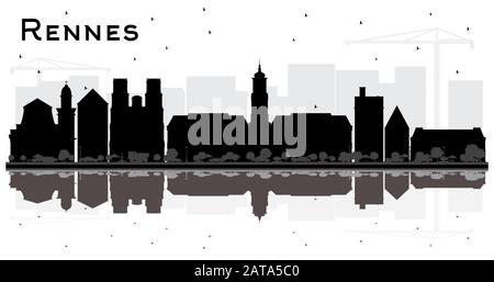 Rennes France Ville Skyline Silhouette Avec Bâtiments Noirs Et Réflexions Isolées Sur Blanc. Illustration Vectorielle. Illustration de Vecteur