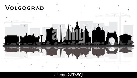 Volgograd Russia City Skyline Silhouette Avec Bâtiments Noirs Et Réflexions Isolées Sur Blanc. Illustration Vectorielle. Illustration de Vecteur