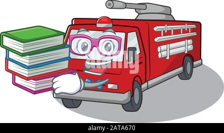 Sympa et intelligent, la mascotte de camion de feu d'étudiant avec livre Illustration de Vecteur