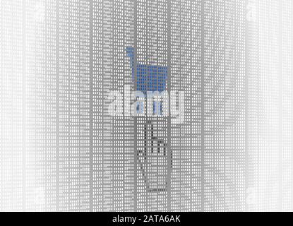 Gros Plan Curseur De La Main Pointant Vers Le Bleu Panier D'Achat Sur L'Écran Lcd De L'Ordinateur Fond Pixel - Vector Macro Image Concept Numérique Illustration de Vecteur