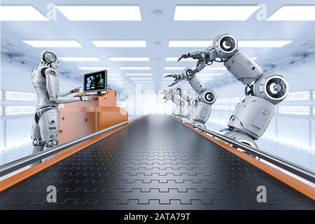 Concept Factory Automation avec rendu 3D cyborg en usine Banque D'Images