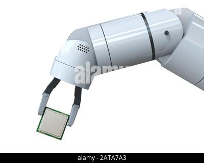 rendu tridimensionnel main robot tenant puce cpu isolée Banque D'Images