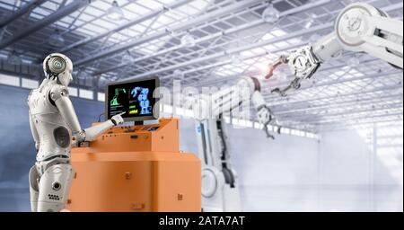 Concept Factory Automation avec rendu 3D cyborg en usine Banque D'Images