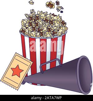 pop corn bucket avec billet de cinéma et réalisateur mégaphone Illustration de Vecteur