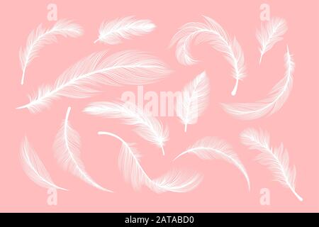 Plumes blanches, silhouettes vectorielles à texture plumage moelleuse. Plumes de plumes volantes et en chute, blanc plume d'oiseau abstrait sur fond rose pastel, éléments de conception isolés avec effet de coupe au laser Illustration de Vecteur