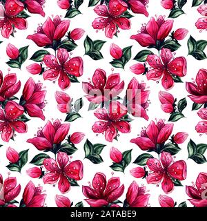 Motif fleurs de prune, arrière-plan sans couture de fleurs japonaises, motif aquarelle dessiné à la main. Motif de décoration florale d'abricots asiatiques ou de fleurs de pomme, de momme ou de méihua fleurs fleuries bourgeons fleuris Banque D'Images