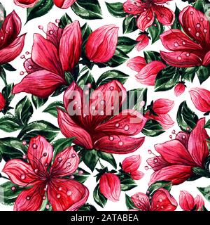 Cerise japonaise ou sakura rouge. Dessins floraux roses. Motif aquarelle sans couture pour le tissu textile ou le papier peint Banque D'Images
