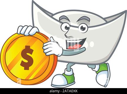 Riche mascotte en argent chinois style dessin animé avec pièce en or Illustration de Vecteur