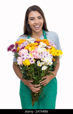 Joli vendeur de fleur femelle avec tablier vert isolé sur fond blanc pour couper Banque D'Images