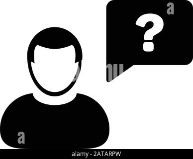 Icône de point d'interrogation vecteur profil homme avatar avec symbole de bulle de parole pour la discussion et l'information dans un pictogramme de glyphe à couleur plate Illustration de Vecteur