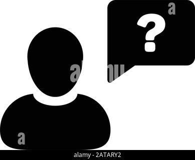Icône personnes vecteur homme profil avatar avec point d'interrogation symbole de bulle de parole pour la discussion et l'aide signe dans le pictogramme de glyphe de couleur plate Illustration de Vecteur