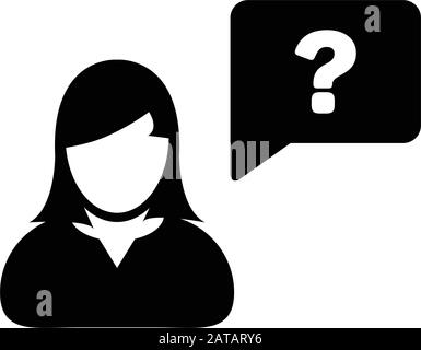 Icône de point d'interrogation vecteur profil de la personne féminine avatar avec symbole de bulle de parole pour la discussion et l'information dans un pictogramme de glyphe à couleur plate Illustration de Vecteur