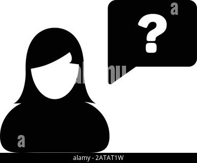Icône personne avec un symbole de bulle de parole de point d'interrogation vecteur avatar de profil femelle pour aider dans une illustration de pictogramme de glyphe de couleur plate Illustration de Vecteur