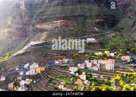 Route de montagne avec serpentines, El Retamal, Valle Gran Rey, vue aérienne, la Gomera, îles Canaries, Espagne Banque D'Images