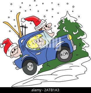 Famille de dessins animés en vacances d'hiver avec leur illustration vectorielle de voiture bleue Illustration de Vecteur