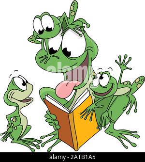 La mère de grenouille de bande dessinée lit des histoires à ses enfants illustration vectorielle Illustration de Vecteur