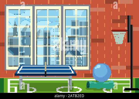 Salle de loisirs dans le bâtiment avec table de ping-pong et illustration de basket-ball Illustration de Vecteur