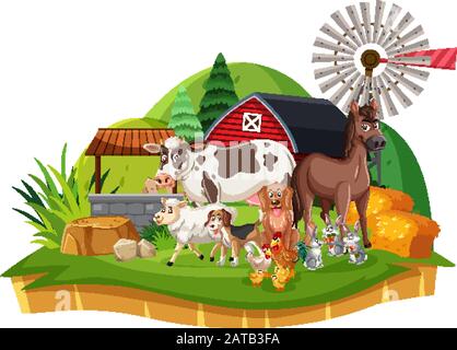 Scène avec animaux de ferme dans l'illustration de la ferme Illustration de Vecteur