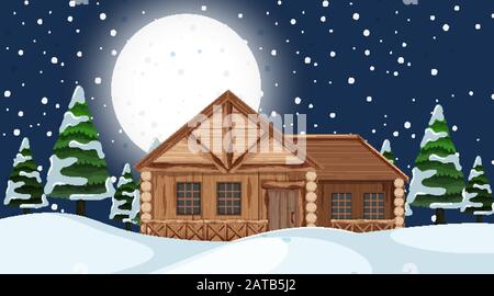 Scène avec maison en bois dans l'illustration du champ de neige Illustration de Vecteur