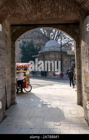 Vue sur la porte voûtée du mur autour du Palais de Topkapi et du parc Gulhane, Istanbul, Turquie Banque D'Images