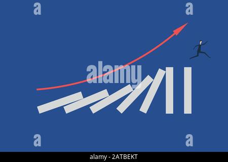 business finance concept , homme d'affaires en train de courir sur domino . Effet Domino et crise d'affaires , illustration vectorielle conception plate Illustration de Vecteur