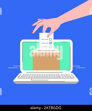 Concept de vote électronique. Illustration vectorielle en ligne plate de la main féminine mettant le bulletin de vote marqué dans les urnes sur l'écran de l'ordinateur. L'électeur fait ch Illustration de Vecteur