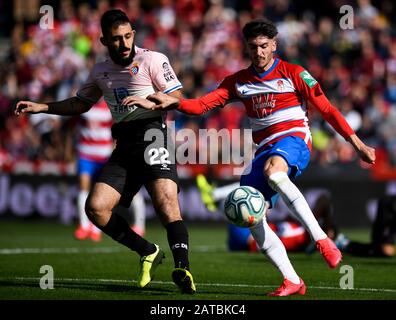 Le joueur du RCD Espanyol Matias Vargas et le joueur des FC de Grenade Carlos Neva sont vus en action pendant le match de la Liga Santander entre Granada CF et RCD Espanyol au stade Los Carmenes à Grenade.(score final; Granada CF 2:1 RCD Espanyol) Banque D'Images