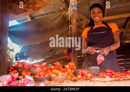 jeune femme africaine qui vend des aliments dans un marché africain local souriant Banque D'Images