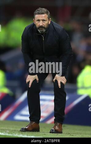 Derek McInnes Aberdeen manager pendant le Ladbrokes Scottish Premiership match à Ibrox Stadium, Glasgow. Banque D'Images