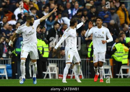 Madrid, Espagne. 01 février 2020. Madrid, Espagne; 01/02/2020.- Football Football de la Ligue espagnol match 22, 2019-2020 Real Madrid contre Atletico de Madrid tenu au stade Santiago Bernabeu, à Madrid. Score final 1-0 Real Madrid gagnant, Benema score objectif. Crédit: Juan Carlos Rojas/Picture Alliance | Usage Dans Le Monde/Dpa/Alay Live News Banque D'Images